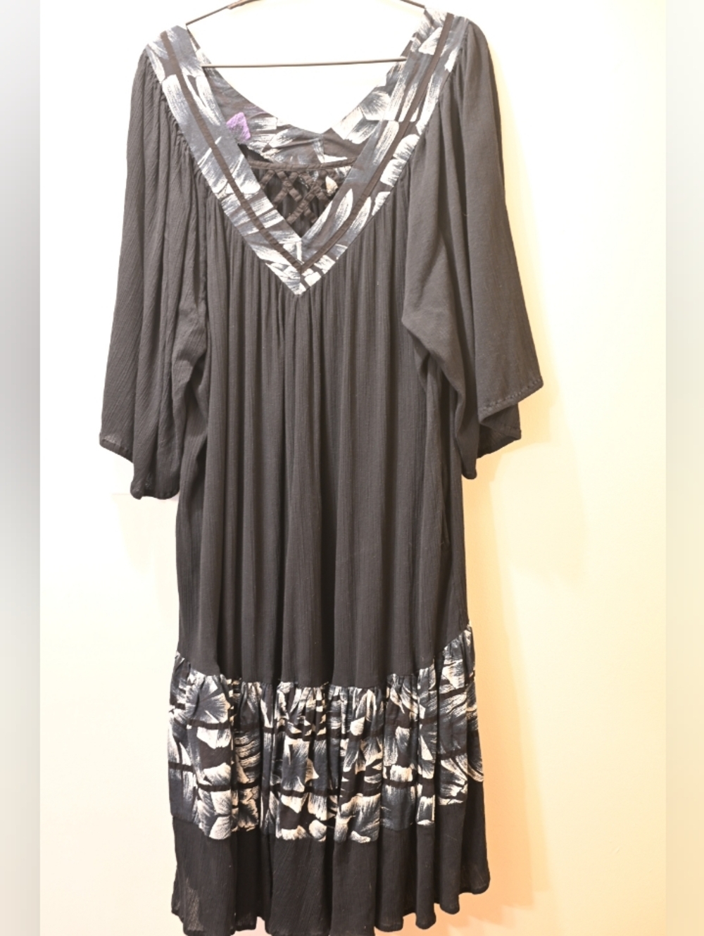 Black V-Neck Tunic Maxi Midi Gauzy Cotton Dress Floral Trim Pockets 4XL Spring
